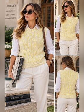 DKNY Jeans Yellow Cream Cable Knit Mock Neck Sweater Vest Size XL